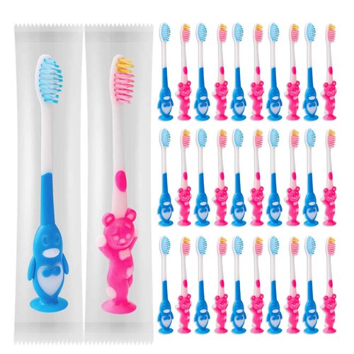 100 pcs Disposable Toothbrush Kids Individually Wrapped, Bulk Disposable Kid toothbrushes for Age 2+ Children Toothbrush Set Soft Bristles Boys Girls Toothbrush with Suction Cup