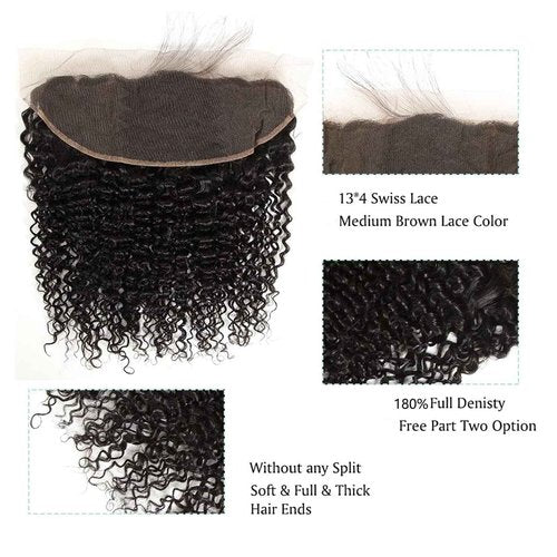 13x 4 Kinky Curly Lace Closure Free Part 13x4 Ear to Ear Lace Frontal Brazilian Virgin Human Hair Frontals Natural Black 180% Density (13x 4 Kinky Curly, 14 inch)