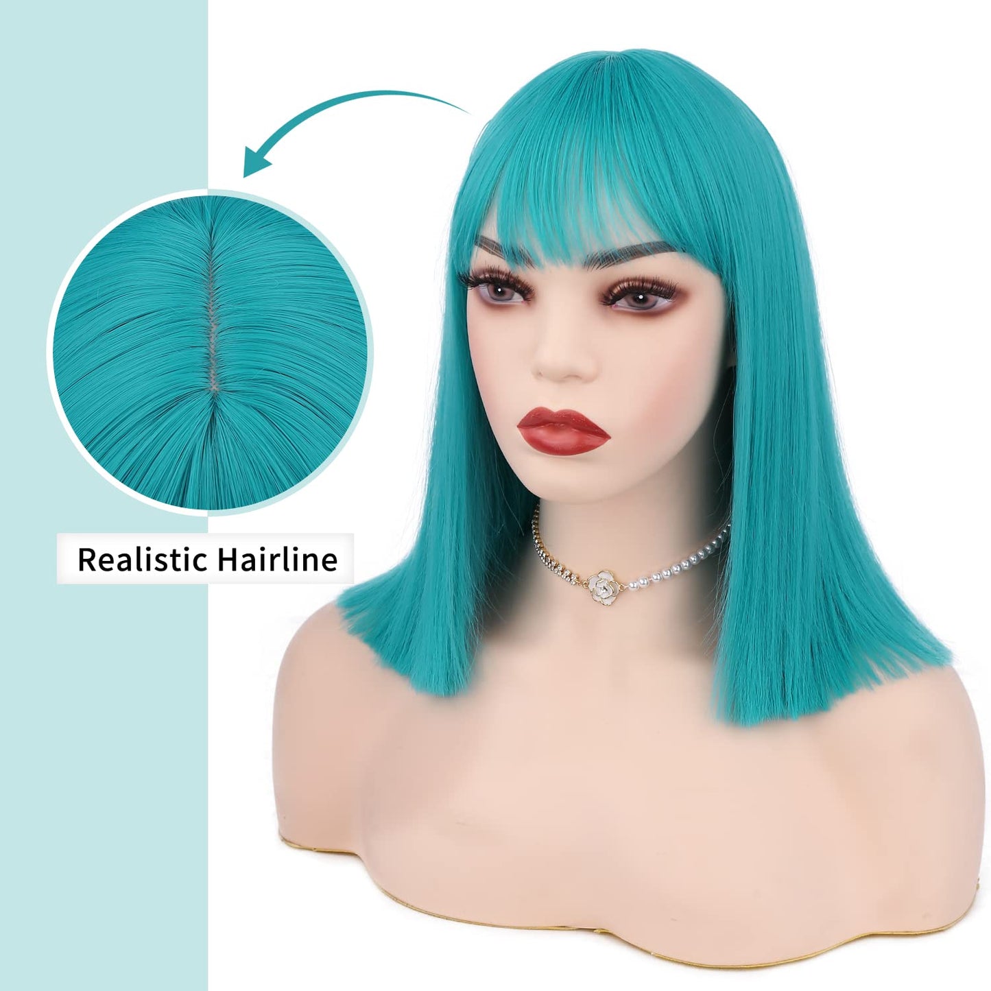 WIGER Teal Blue Bob Wig Bluish Green Short Bob Wigs with Bangs Straight Bob Wig Synthetic Bob Hair No Lace Full Wigs for Women Cosplay or Party