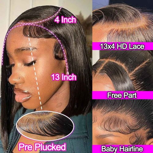 CISWER Short Bob Wig Human Hair Straight 13x4 Lace Front Wig Human Hair Bob Wigs for Black Women Glueless 180 Density Black Wig 12 Inch
