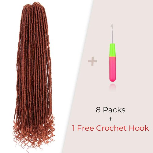 Niseyo Wild Locs 30 Inch Distressed New Faux Locs with Curly Ends 8 Packs Long Soft Pre-looped Goddess Crochet Hair (350#, Ginger Red)