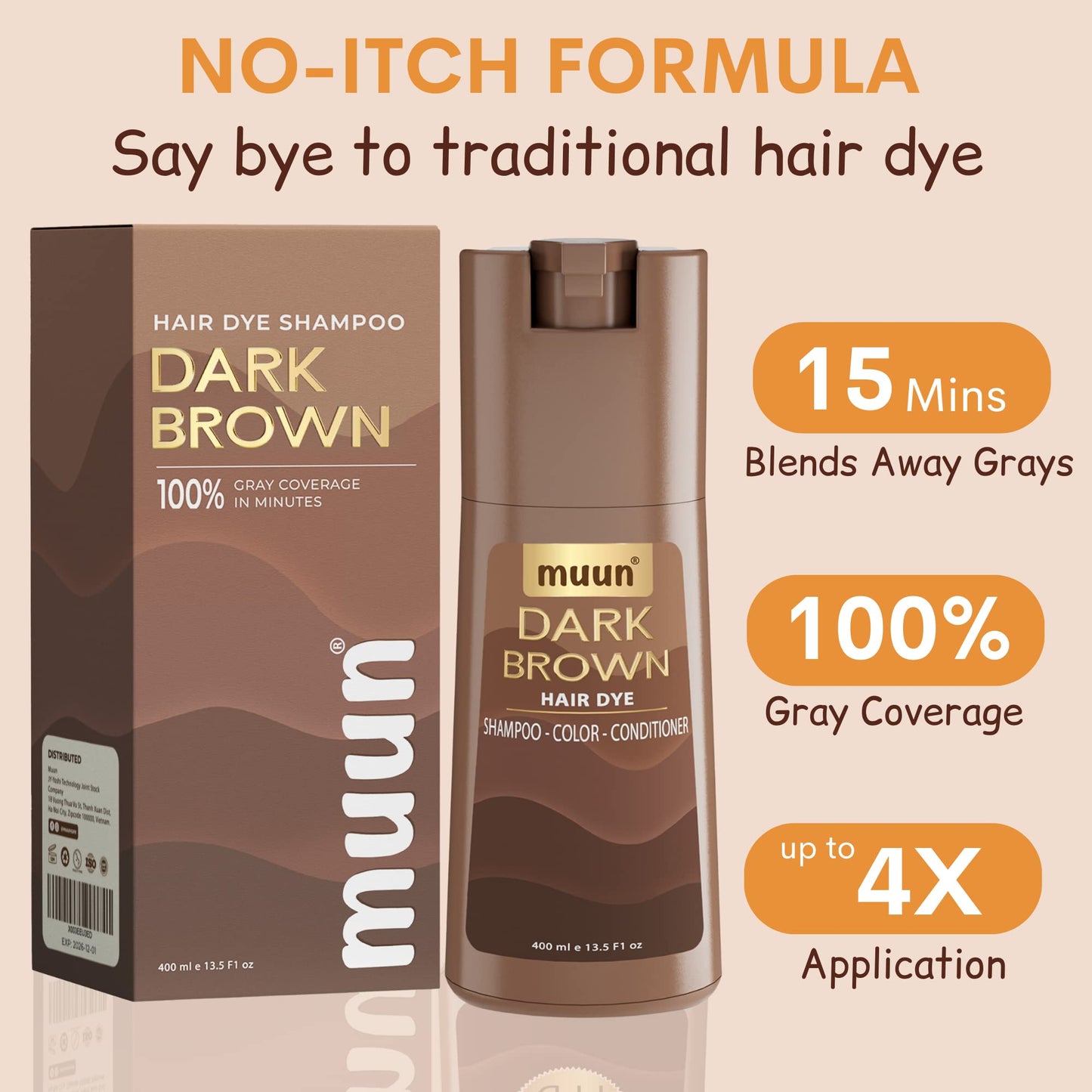 Muun Dark Brown Hair Dye Shampoo - 3-In-1 Ammonia Free Hair Color Shampoo for Gray Hair Coverage for Women and Men in minutes with Herbal Natural Ingredients 400ml