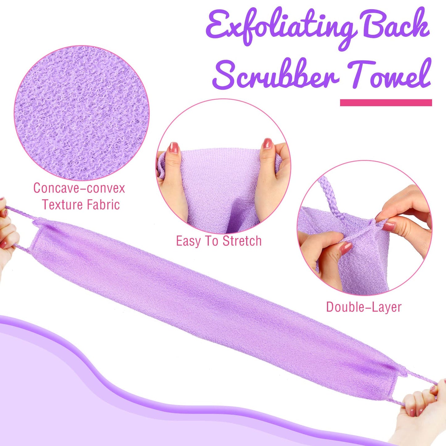 Back Scrubber for Shower Exfoliating Washcloth Back Cloth Body Extended Length Scrubber Towel Nylon Exfoliating Stretchable Pull Strap Wash Cloth for Bath Body Scrub Washcloth 2 Pack (Pink,Purple)