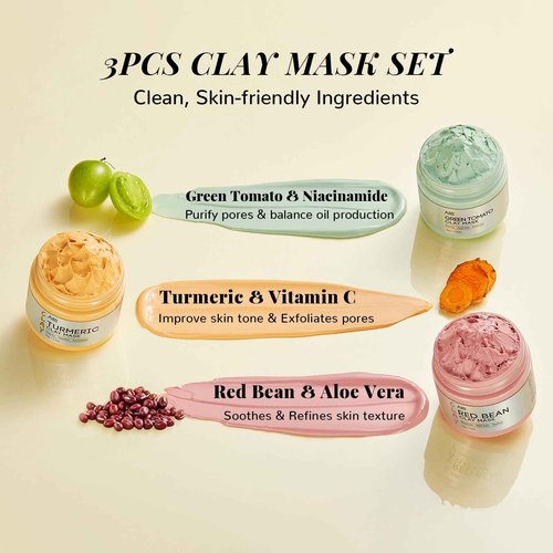 ANAI RUI 3 Pcs Pore Cleansing Face Mask Set,Green Tomato Clay Mask - Turmeric Vitamin C Facial Mask Red Bean Refreshing Pore Mask, 3-in-1 Spa Face Masks Skincare Gift Set 2.5 oz each