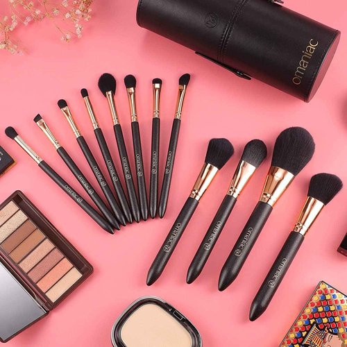 OMANIAC Makeup Brush Set Professional, 12 Pearlescent Wood Handle Makeup Brushes, Premium Cruelty-Free Synthetic Fiber Hair, Travel Make up Brushes Set with Case (Black).