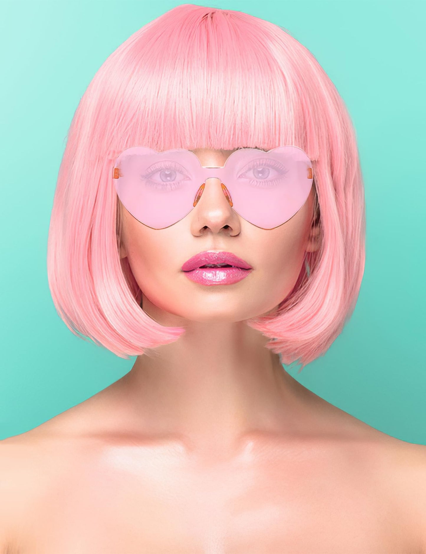 PLANTURECO Pink Wig and Party Sunglasses, Pink Wigs for Women, Pink Wig with Bangs, Light Pink Wig, Pink Bob Wig, Pink Cosplay Wigs and Party Wigs - Bachelorette Party Wigs Decorations Favors