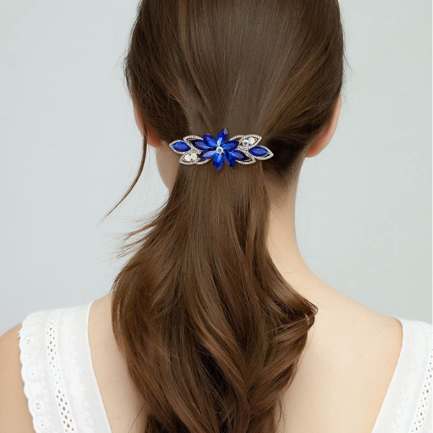 EVER FAITH Wedding Rhinestone Flower Leaf Hair Barrette Clip, Elgant Marquise Crystal Hair Accessories for Women Blue Silver-Tone