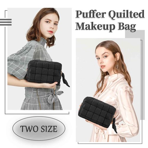 Puffer Quilted Makeup Bag Cosmetic Bags,Puffy Travel Toiletry Pouch for Women,Cute Checkered Zipper Bag Travel Essential,Portable Aesthetic Make up Organizer Bag for Gifts Work Daily(Black,M)