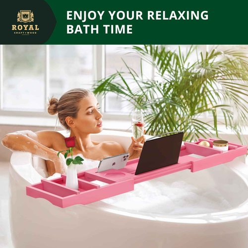 ROYAL CRAFT WOOD Luxury Bathtub Caddy Tray, One or Two Person Bath and Bed Tray, Bonus Free Soap Holder (Pink)