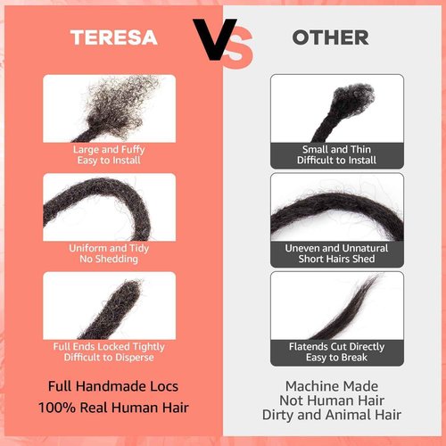 Teresa 0.4cm & 0.8cm Width 100% Human Hair Dreadlock Extensions for Men/Women/Kids, Full Hand-made Locs Extensions Human Hair (8 Inch/20 Strands,Natural Black)