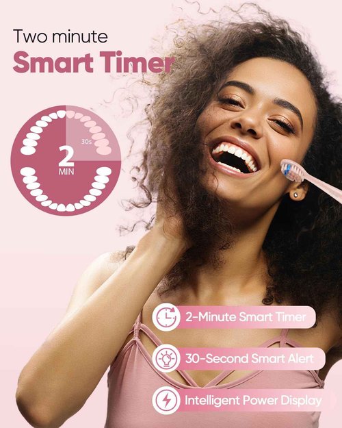 MySmile DY156 Electric Toothbrush for Adults, Rechargeable Sonic Battery Toothbrush Portable with 3 Brush Heads, 2 Mins 5 Modes Smart Timer, 45000VPM, One Charge for 60 Days - Pink