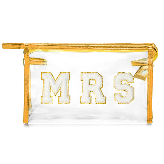 Y1tvei Bride Patch MRS Varsity Letter Cosmetic Toiletry Bag Mrs Chenille Letter Patches Bling Small Gold Makeup Bag PVC Waterproof Portable Zipper Purse Beach Travel Organizer for Women Girls