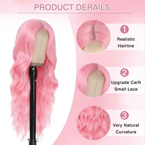 Angzon Long Pink Wavy Wig Middle Part for Women 26 Inch Light Pink Curly Wavy Wigs Natural Looking Synthetic Heat Resistant Fiber Wig for Daily Party Use