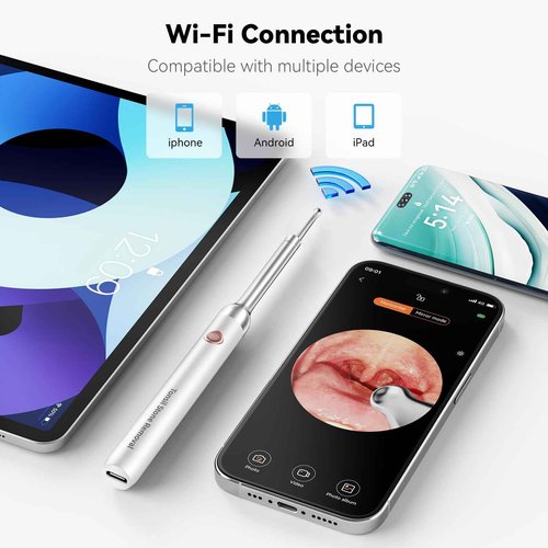 2025 Upgraded Tonsil Stone Remover with Camera, Visual Tonsil Stone Removal Kit with 6 LED Light, Tonsil Stone Removal Tool Camera with 1080P, 5 Head Attachments, for iOS & Android (White)