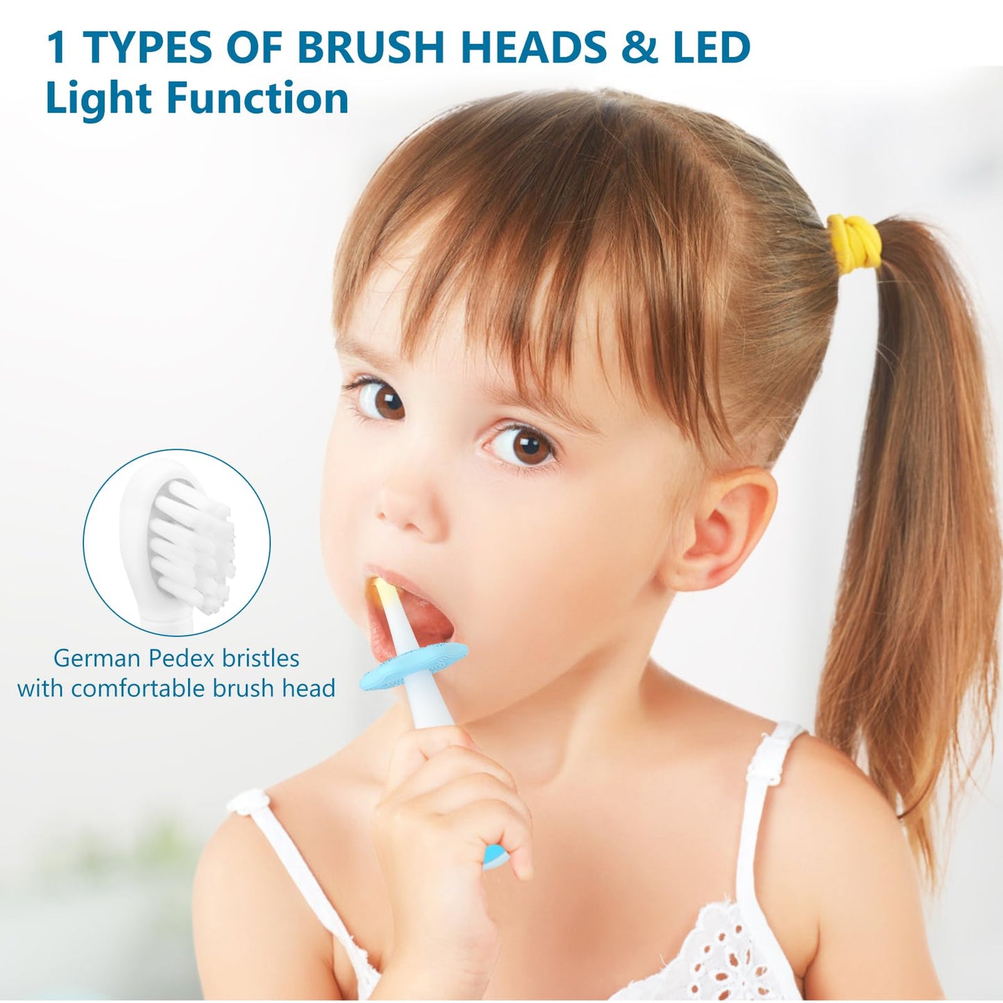 Kids Electric Toothbrushes with Check-in LED Light, Toddler Electric Toothbrush, Wireless Charge, Silicone Handle, 4 Modes, 3 Brush Heads for Ages 8 Months+ (Blue+3 Brush)