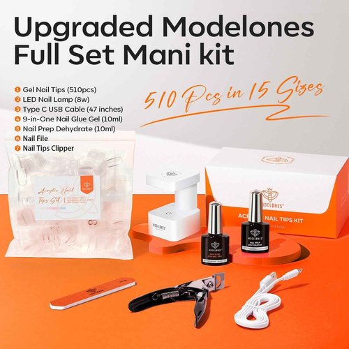 modelones Gel Nail Kit Almond, Upgrade 15Sizes Fake Nails, 9-in-One Glue Dehydrator & Mini U V Light Clipper, 510Pcs Medium Almond Press on Tips for Extension DIY Salon Home Gift