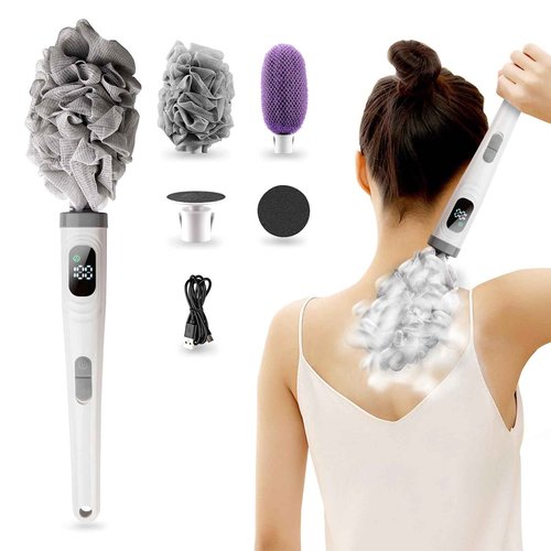 Electric Back Scrubber for Shower,African Net Sponge Long Handle Exfoliating Body Scrubber,IPX7 Waterproof Bath Brush with 3 Heads & 2 Speeds,for Cleansing, Exfoliating and Foot Callus Remover
