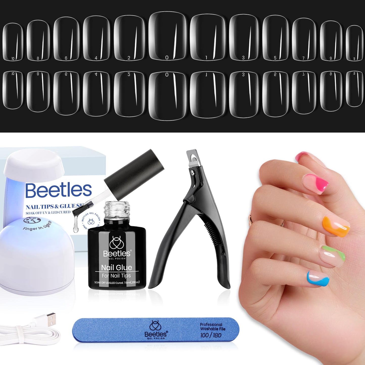 Beetles Gel Nail Kit Easy Nail Extension Set 240Pcs Pre shaped Short Square Gel Nail Tips with 5 in 1 Mutipurpose Glue Gel Base Uv Led Nail Lamp for Nail Art Diy Home