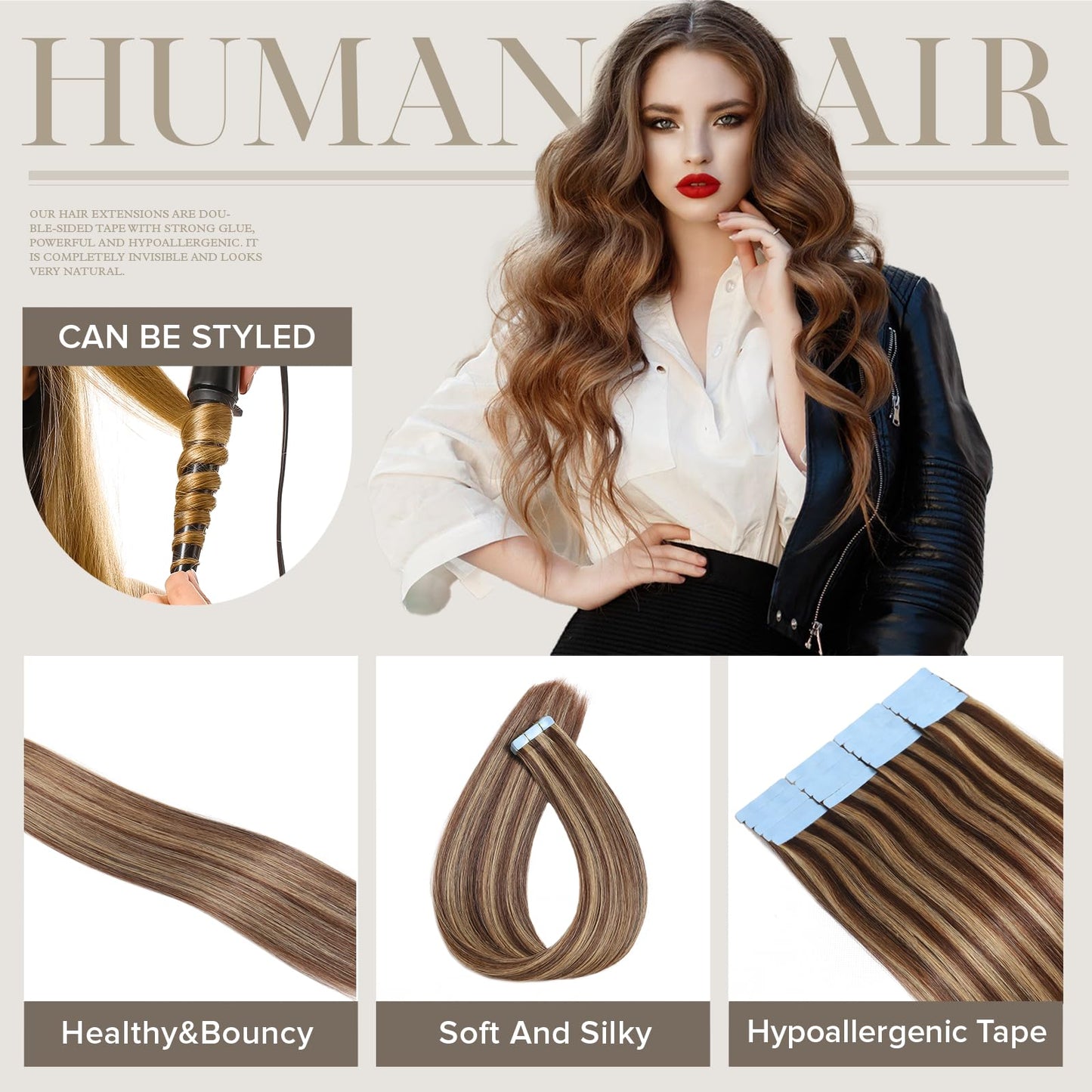 Mifes Tape in Hair Extensions Human Hair #P4/27 Balayage Color 20pcs/40g 14 Inch Chocolate Brown to Honey Blonde Highlight Tape in Human Hair Skin Weft Human Hair Extensions