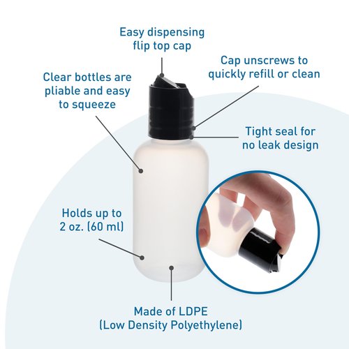BodyMed 50 Pcs 2 oz. Clear Plastic Dispenser Bottles with Caps - LDPE Pliable Material & Leak Proof - Refillable, Mini Squeeze Bottles for Shampoo, Lotion, Essential Oils