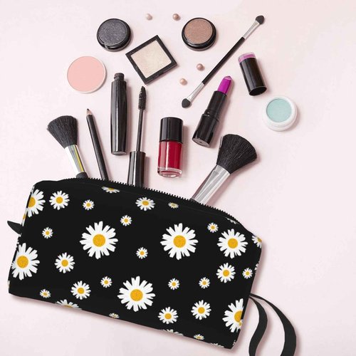 JKJOJIA Daisy Cute Flower Makeup Bag Organizer Small Cosmetic Bags Portable Travel Toiletry Bag With Handle Simple Accessories Storage Zipper Pouch For Women Girl