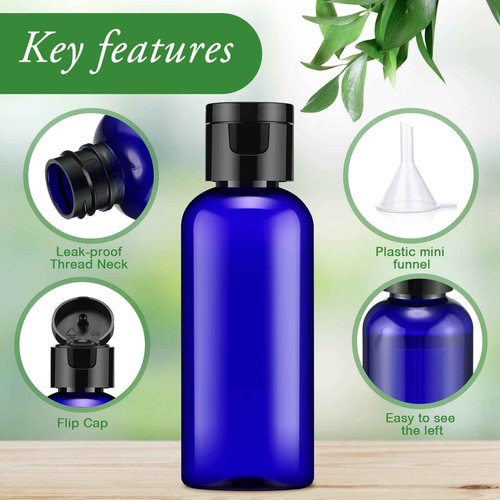 Eccliy 100 Pack 2 oz Travel Bottles Plastic Bottles with Lids Refillable Travel Size Cover Cap Plastic Liquid container for Toiletries Lotions Shampoo Creams Dispensing with 5 Funnels(Blue)