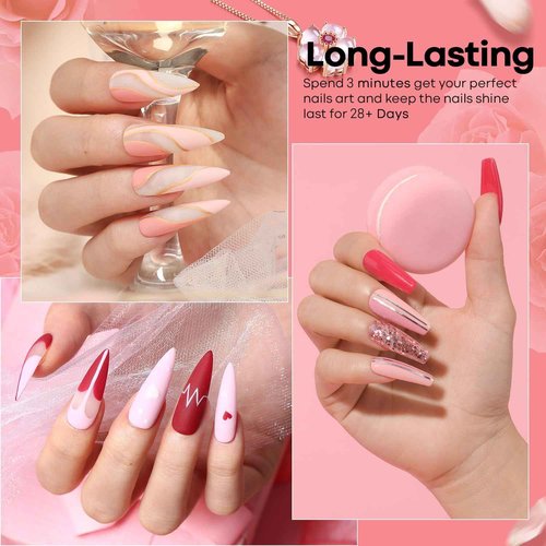 Modelones 24 Pcs Gel Nail Polish Kit, Hot Pink Gel Nail Polish Set Pastel Paradise Girly Nail Polish Red Glitter Soak Off Gel Nail Kit with Bond Primer Glossy & Matte Top Coat Base Coat Nail Art Gifts