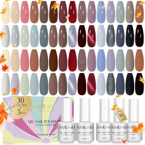 SAVILAND 33PCS Gel Nail Polish Set Classic Glitter White Soak-off U V Nail Polish with Base & Glossy Matte Top Gel French Manicure Nail Art Starter Set for Salon Home & Gifts