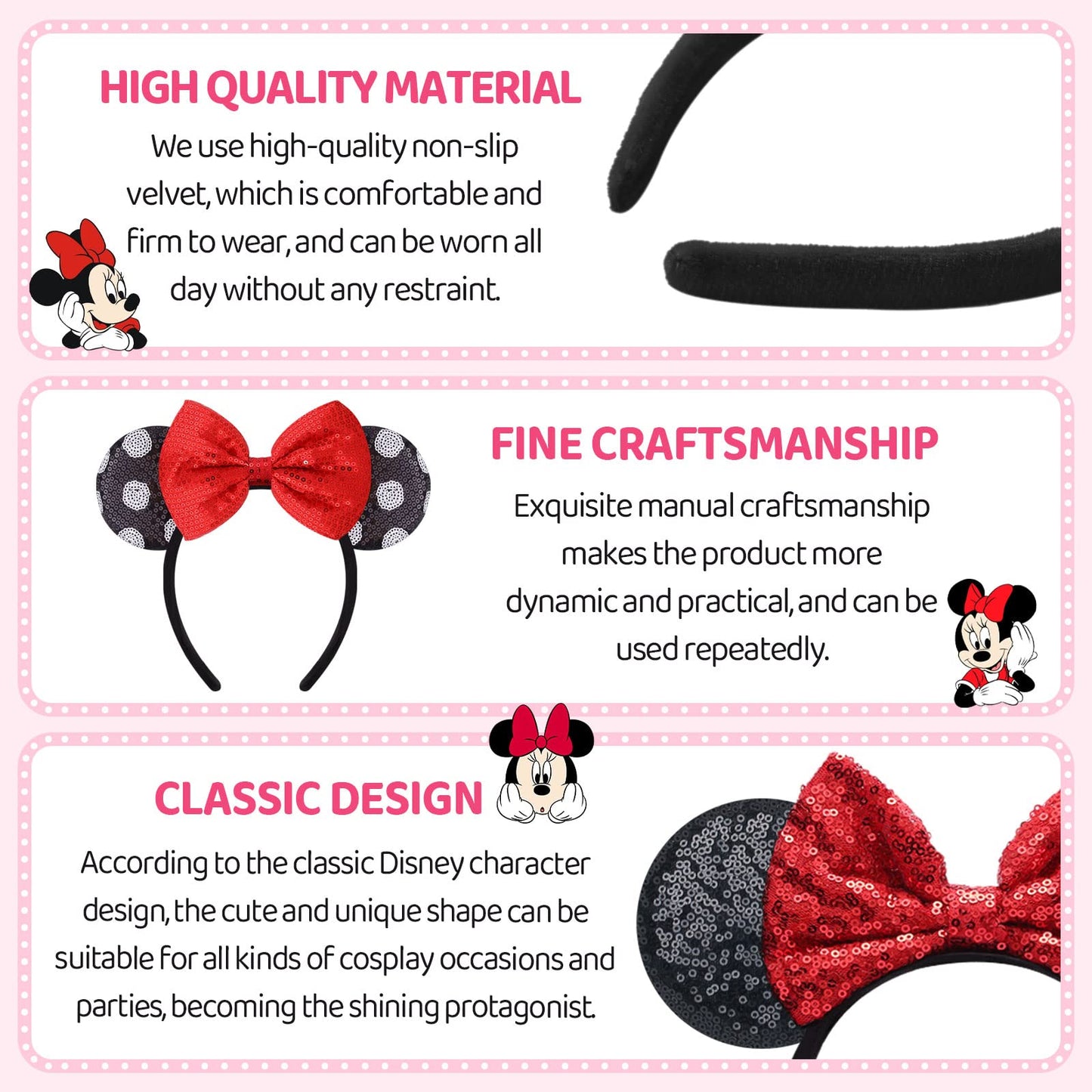 Urbun Mouse Ears Headbands,2 PCS Minnie Ears Headband,Shiny Sequin Bow Headbands Glitter Party Decoration,Birthday Party Cosplay Costume for Girls & Women