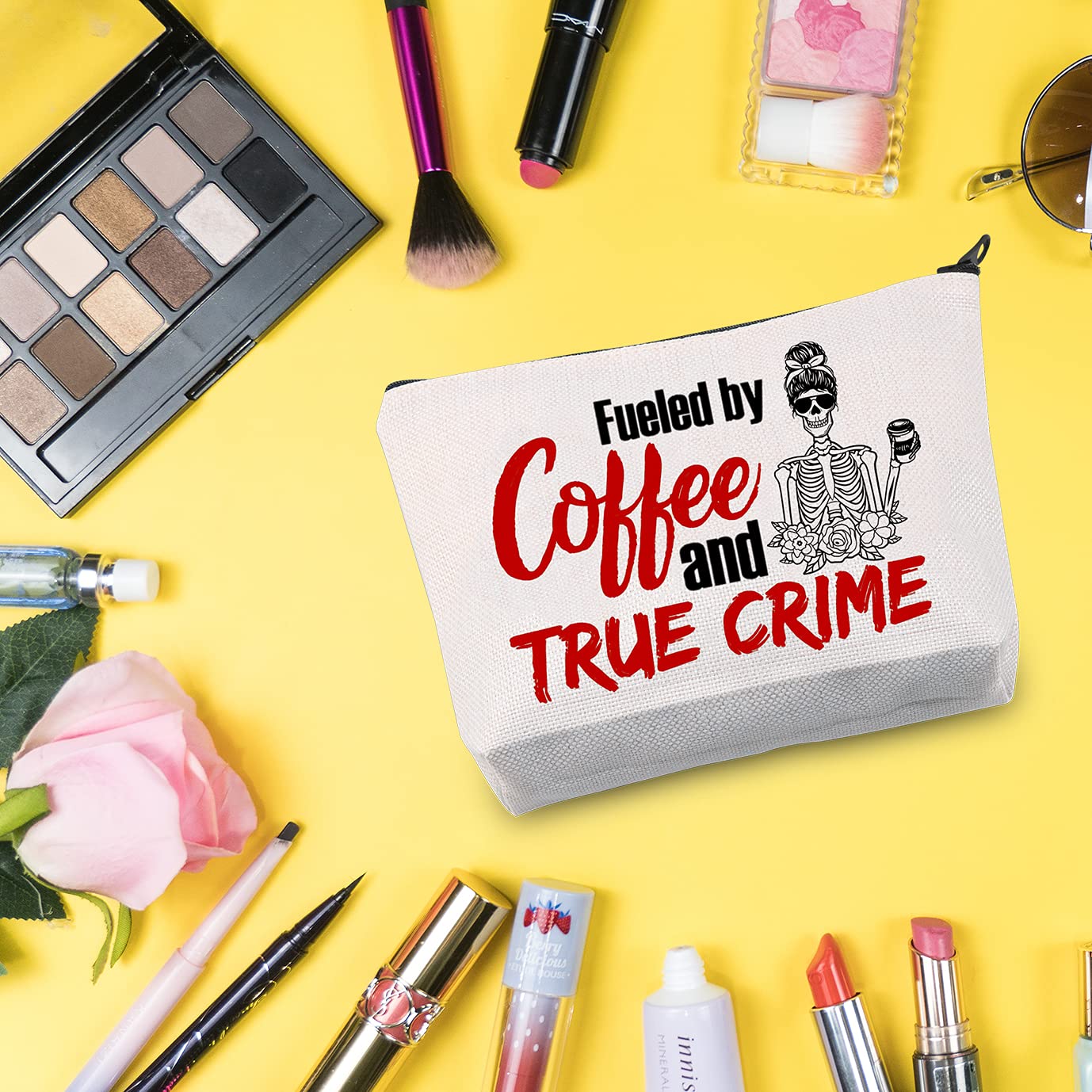 G2TUP True Crime Junkie Gift Fueled by Coffee and True Crime Makeup Bag Cosmetics Bag Crime Show Gift Murder Show Travel Bag