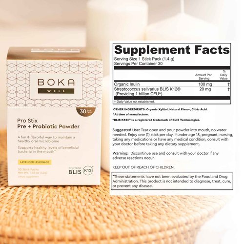 Boka Pro Stix Oral Probiotics for Mouth Bad Breath - 30ct Dental Probiotics Powder, Oral Health Pre + Probiotics for Teeth and Gums, BLIS K12 Oral Probiotic for Healthy Gum Health, Lemonade Lavender