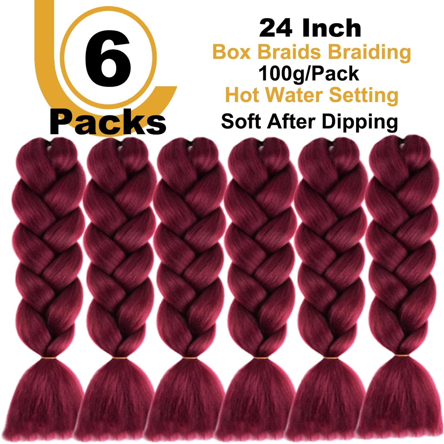 FYRLNA 6 Packs 24 Inch Jumbo Braiding Hair Soft High Temperature Resistance Synthetic Hair Extensions for Women 24 Inch Ombre Jumbo Braiding Hair Twist Crochet Braids Hair (24 Inch (Pack of 6), Wine Red)