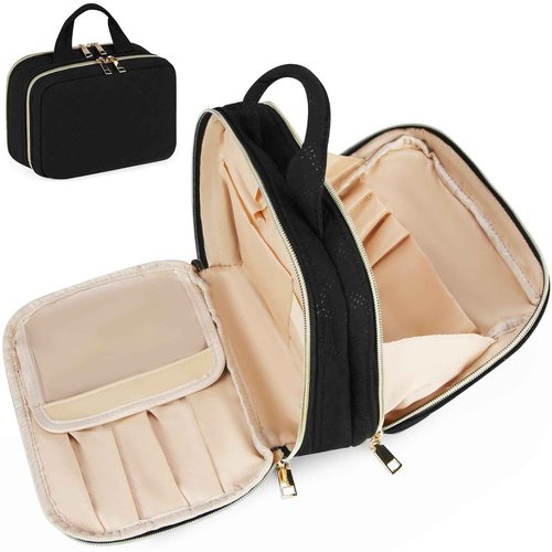 RAINSMORE Travel Makeup Bag Large Capacity Cosmetic Bag Waterproof Makeup Organizer Bag Wide Open Makeup Pouch with Handle Toiletry Bag Make Up Bag for Women Girl Black