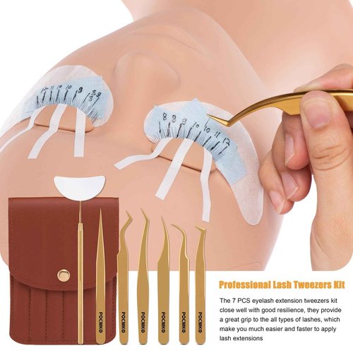 POCMKO Lash Tweezers for Eyelash Extensions, Professional Eyelash Tweezer Set, Lash Extension Tweezer Kit (Set of 7, Gold)