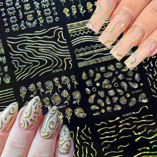 30 Sheets Gold Line Nail Art Stickers Gold Leaf Flower Nail Decals 3D Self-Adhesive Nail Art Supplies Charms for Nails Art Manicure Tips Decoration