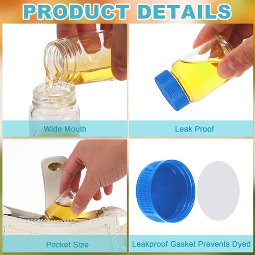 Ziliny 30 Pack 2 oz Glass Bottles with Lids Wide Mouth Juice Shot Bottles Clear Mini Round Jars Travel with Lids Small Containers for Liquids Juicing Ginger Leak Proof(Dark Blue, Light Blue)