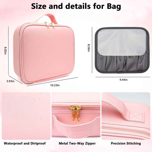 SLUMAZI Travel Makeup Bag with LED Mirror Travel Makeup Organizer with 3 Lighted Settings, Adjustable Dividers and Makeup Brush Storage Bag Pink