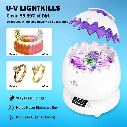 Ultrasonic Retainer Cleaner Machine for Denture, 45kHz Dental Cleaning Pod with Digital Timer, 3 Modes Waterproof Ultrasonic Denture Cleaner for Mouth Guard, Aligner, Jewelry, Braces,Rings,Necklaces