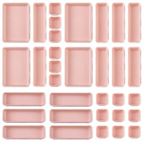 Purpeak 32 Pcs Desk Drawer Organizer Office Organization Tray Versatile Vanity Organizer with Nonslip Pads Makeup for Divider Drawer Storage Box Container for Kitchen Bedroom(Pink)