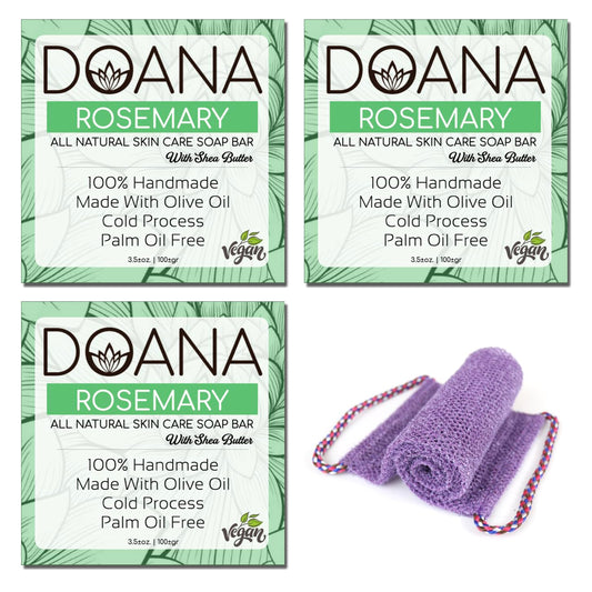 Rosemary Soap Bar - With Free African Net Sponge - SHEA BUTTER, Vegan, Olive Oil, and Coconut Oil, Palm Oil Free, Powerful Cleanser, Anti-Bacterial and Anti-Fungal Properties (Pack of 3)