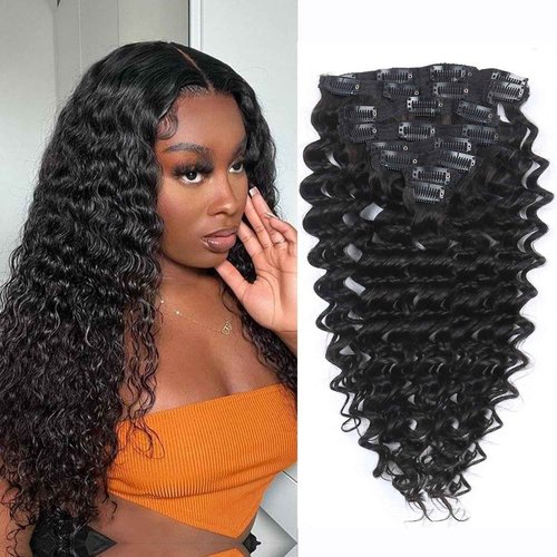 Deep Wave Clip in Hair Extensions Real Human Hair 16 Inch Deep Curly Clip ins for Women Invisible Seamless Remy Human Hair Clips in Extensions 8pcs 100g/3.5oz 20 Clips Double Weft Natural Black