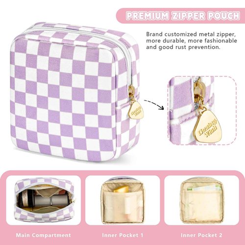 Desing Wish 5.1'' x 5.1'' Small Makeup Bag for Purse Flocked Material Mini Travel Makeup Bag with Two Inner Pockets Portable Cute Cosmetic Bags for Women (Black-White Checker)