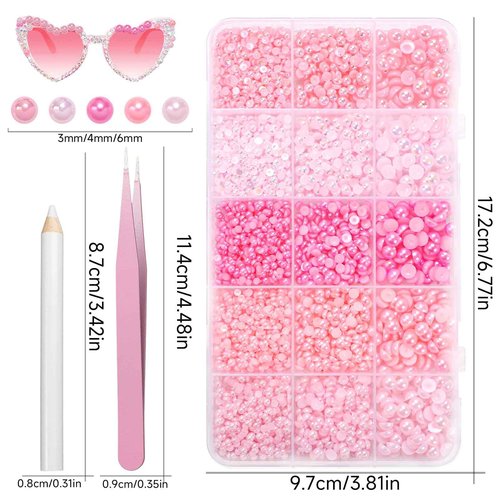 15000 Pcs Pink Flatback Pearls for Crafting, Assorted Size 3/4/6mm Half Pearls Bedazzling ABS Pearl Beads Gems for Nails Art DIY Crafts Face Makeup with Pickup Pencil Tweezer