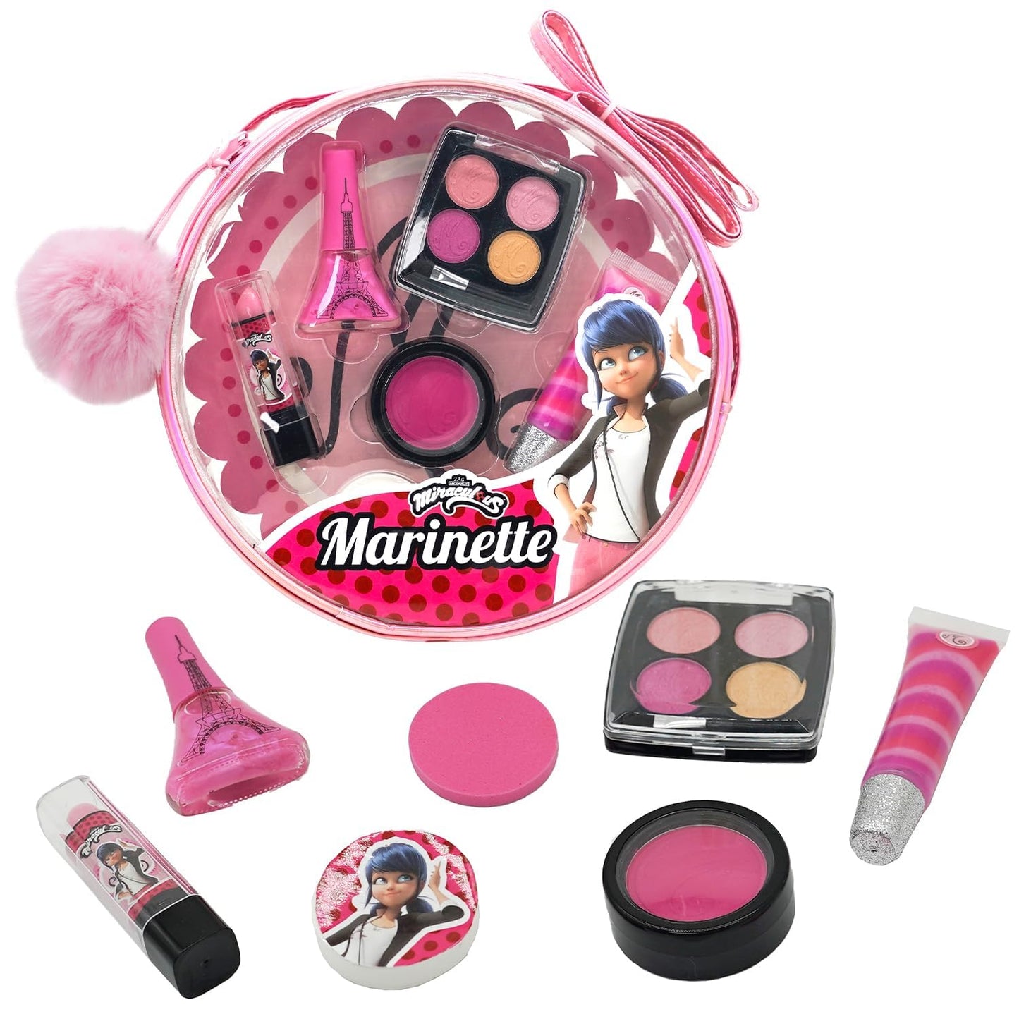 Miraculous Ladybug Kids Makeup Set - 10 Piece Bag with Nail Polish, Hair Chalk, Stickers & More - Safe, Non-Toxic Pretend Play Cosmetics - Marinette Themed Makeup Kit for Children