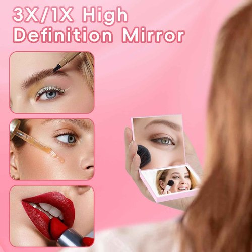 ALLROSE Compact Mirror, 1X/3X Magnifying Travel Mirror with Light Small Purse Mirror Pocket Mirror for Makeup, Mini LED Portable Handheld Makeup Mirror Travel Essentials Gifts for Women Girls, Pink