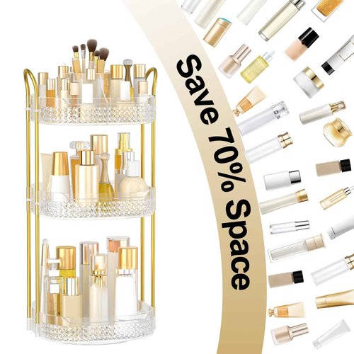 BOCONY Rotating Makeup Organizer for Vanity 3 Tier, Perfume Organizer with Makeup Brush Holder, Large Capacity Cosmetics Clear Skincare Organizer for Countertop (Transparent)