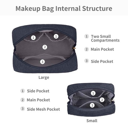 MAGEFY Makeup Bag for Purse, 2 Pcs Corduroy Cosmetic Bag for Girls Women Small Travel Makeup Pouch with Zipper (Grey)
