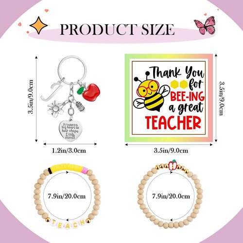 WINOWIMO Personalized Teacher Appreciation Gifts for Women, Thank You Graduation Gifts with Teacher Makeup Bag, Initial Cute Keychain, Teach Bracelets and Thank You Card (J)