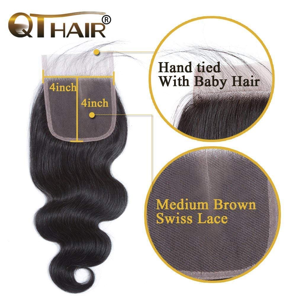 QTHAIR 14A Grade Brazilian Body Wave Human Hair Bundles with Closure Human Hair Weave with Closure (14" 16" 18" with 12") 100% Unprocessed Brazilian Virgin Hair 4x4 Swiss Lace Closure