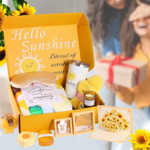 Sending Sunshine Care Package for Women-11 Pcs Sunflower Gifts.Get Well Soon Self Care Gifts Basket.Unique Women's Inspirational Relaxation Bath Set, Birthday Box for Gifts,CHEER HER UP! (Large Set)